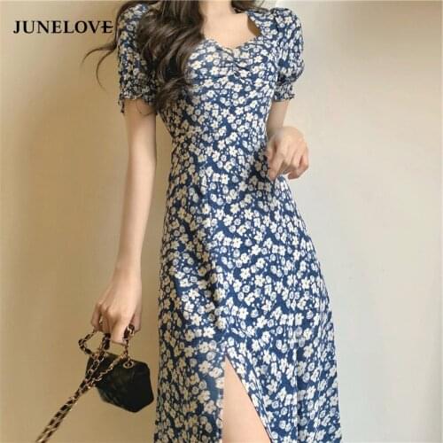 JuneLove Midi Dress Women Elegant Korean Vintage Short Sleeve Summer Split Beach Holiday Dress Party Square Collar Boho Vestidos