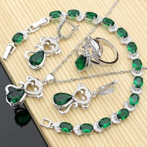 Animal Silver 925 Jewelry Sets Green Emerald Birthday Earrings Rings Set Accessories Wdding Necklace Set Dropshipping