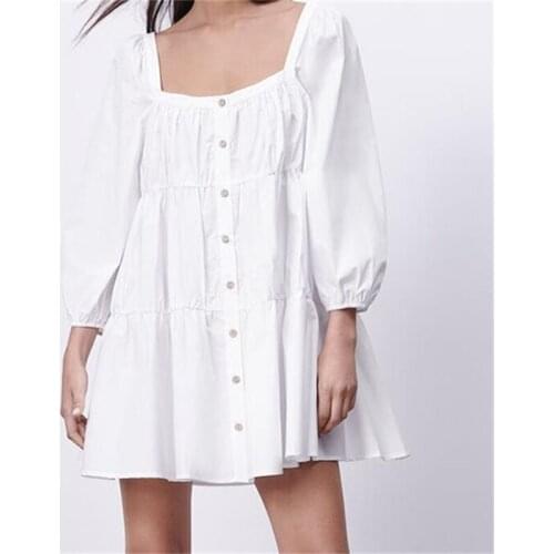 ZXQJ Women 2021 Fashion Button-up Poplin White Mini Dress Vintage Square Collar Long Sleeve Female Dresses Vestidos Mujer