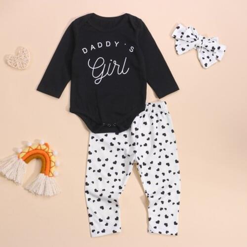 Baby Girls 3Pcs Fall Outfits, Long Sleeve Letter Romper + Heart Pants + Headband Set