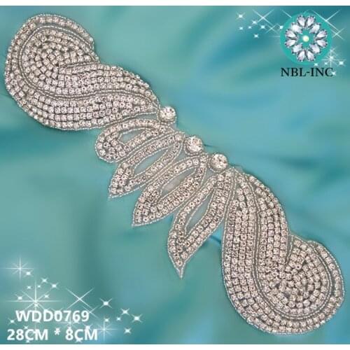 30PCS) Wholesale hand beaded bridal sash clear crystal rhinestone appliques iron on for wedding dresses belt WDD0769