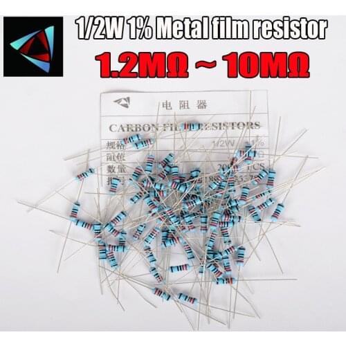 50pcs 1/2W Metal Film Resistor 1% 1.2M ~ 10M 1.5M 1.6M 1.8M 2M 2.2M 2.7M 3.3M 3.9M 4.3M 4.7M 10M