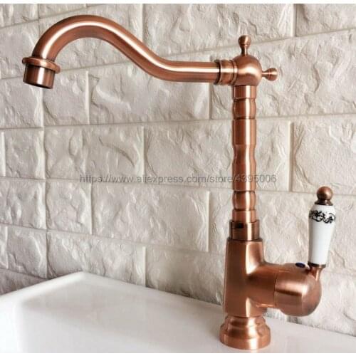 Antique Red Copper Bathroom Vanity Sink Faucet Single Ceramic Handles Brass Hot and Cold Basin Mixer Tap Bnf400