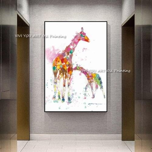 The Color Gigraffe Family Baby Parent Large Original Abstract Modern Oil Painting Canvas Handpainted Texture Wall Art For Office