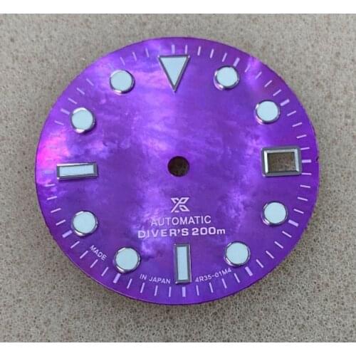 29mm Purple Seashell Watch Dial Green Luminous for NH35 Movement with S Logo