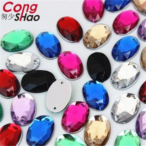 Cong Shao 100Pcs 10*14mm Oval Crystal Acrylic Rhinestone trim Flatback sewing 2 Hole for DIY Clothing Craft Accessories ZZ233