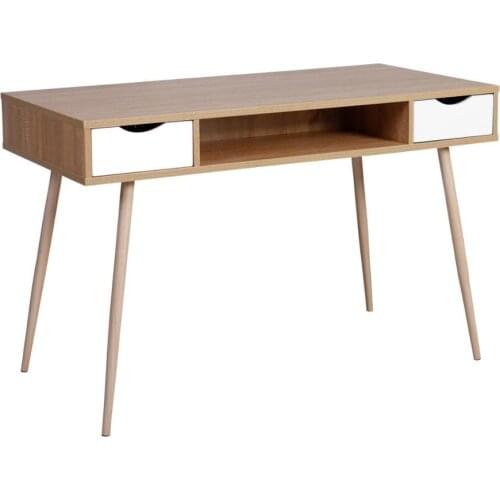Wood Desk with 2 Drawers and 1 Open Compartment Steel Frame Computer Desk Workstation Home Office Laptop Desktop Table Beech