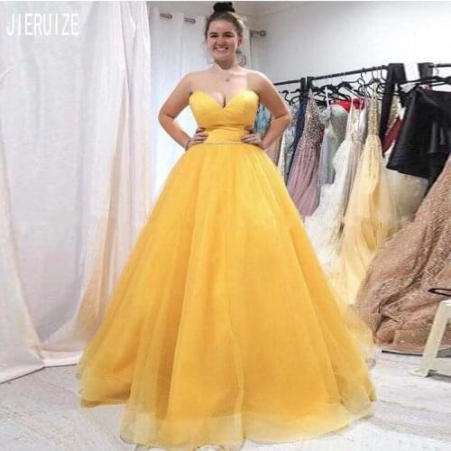 JIERUIZE Dark Yellow Evening Dresses Sweetheart Neck Lace Up Back Puffy Formal Dresses Beading Sashes Party Prom Gowns