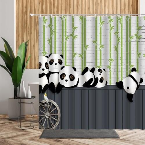 Chinese Panda Kids Shower Curtain Set Cartoon Bathroom Bath Curtains Ink Bamboo Room Partition Waterproof Home Decor Accessories