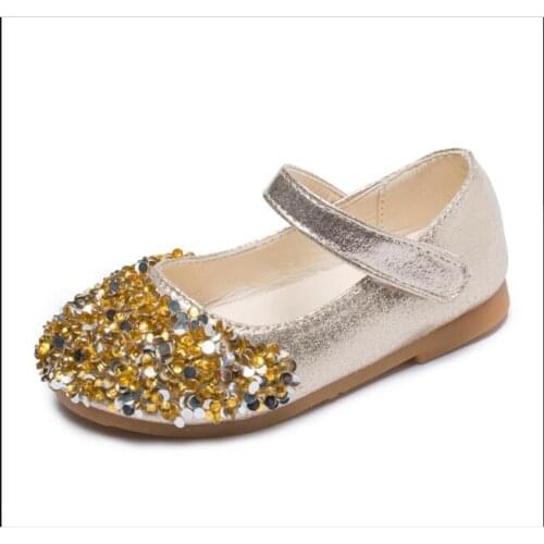 Fashion Childrens leather shoes pink leather bling shoes Girls Crystal Single Shoes Party PrincessLoop Shoes round toe sandals