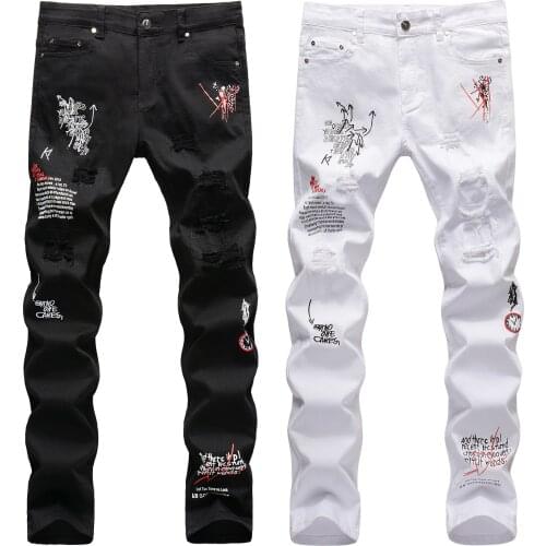 New Mens high street brand hole letter embroidery printing black and white slim small straight personality graffiti jeans 1930