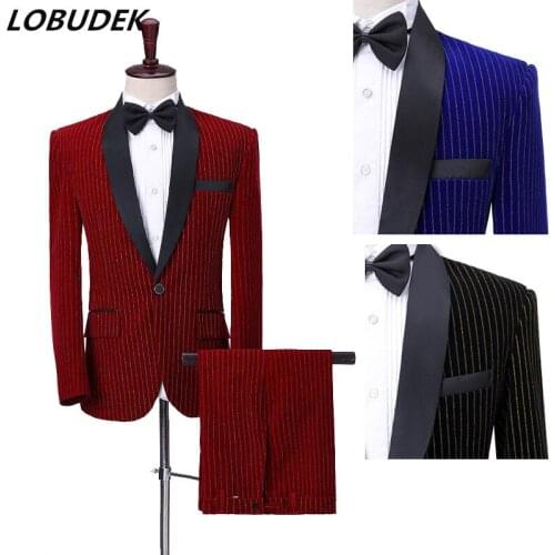 Autumn Winter Mens Wine Red Royal Blue Velvet Stripe Suits Wedding Groom Blazer Tuxedo Pants 2 Pieces Singer Host Stage Suit