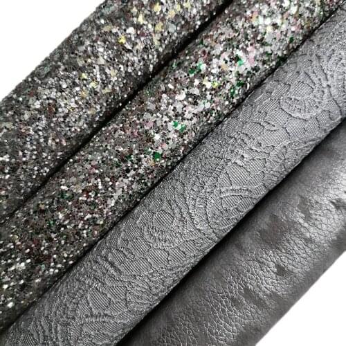 GREY Glitter Fabric, Lace Flowers Embossed Faux Leather Fabric, Metallic Synthetic Leather For Bows A4 8"x11"XM154