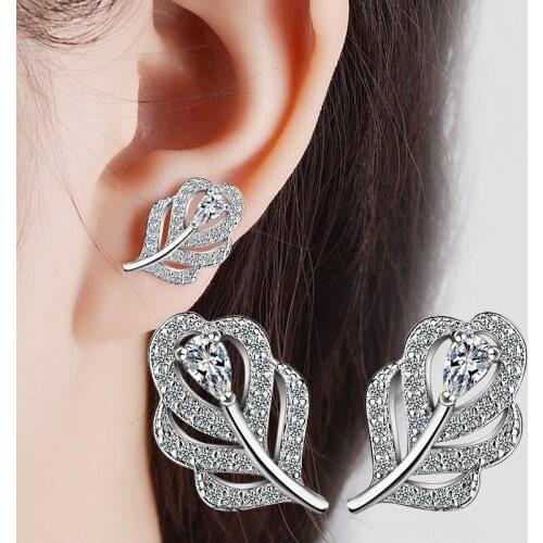Exquisite 925 Sterling Silver Cubic Zirconia Leaves Stud Earrings for Women Girl Jewelry Luxury Hollow Out Crystal Earring Gifts