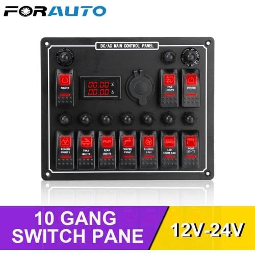 LED AC/DC 10 Gang 15A DC Output Waterproof Dual Power Control Rocker Switch Panel Overload Protection Car Auto Marine