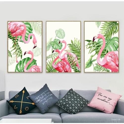 Nursery Girl Bedroom Decoration Flamingo Green Plant Monstera Painting Prints Wall Art and Print Wall Picture Modern Living Room