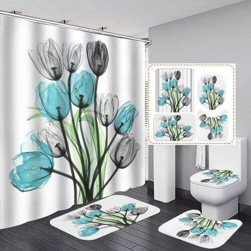 High Quality Flowers Fabric Shower Curtain Sets +Non-Slip Rugs Toilet Lid Cover and Bath Mat Carpet Bathroom Curtains Set