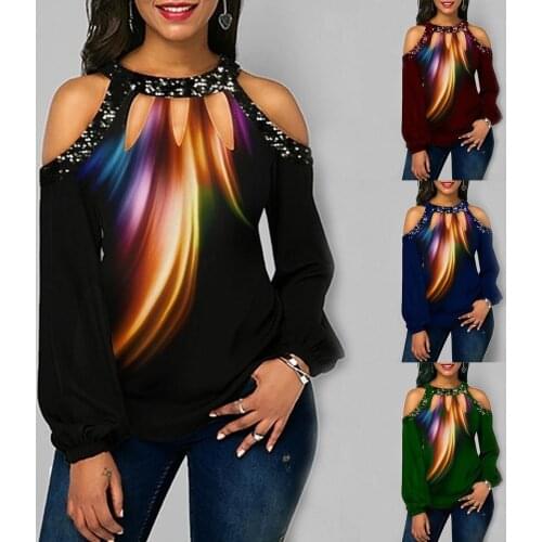 Womens Fashion Loose Casual long sleeve off shoulder Floral print Autumn T Shirts blouse