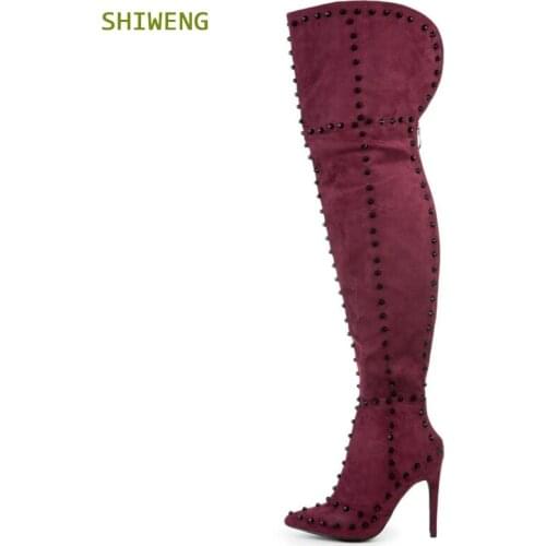 Women Large Size 35-44 Thigh High Boots Heels Stiletto Suede Rivet Over The Knee Boots Party Pole Dance Night Club Shoes Spring