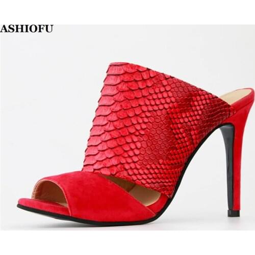ASHIOFU Handmade Women Stiletto Heel Slippers Easy Wear Real Photos Peep-toe Sexy Party Shoes Outdoor Evening Fashion Shoes