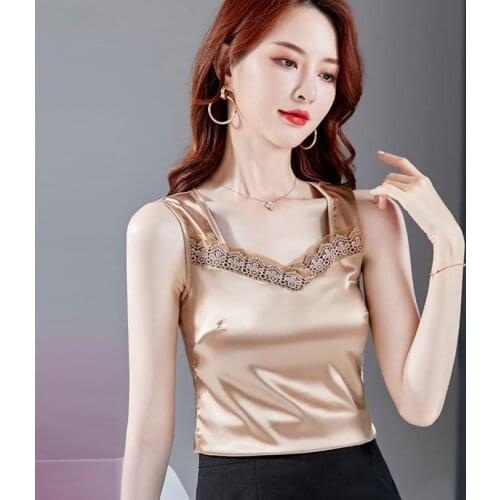 AOSSVIAO Silk Black Tank Tops Women Summer Sleeveless Korean Deep V Neck Womens Satin Top Streetwear Female Lace Tank Top 2021