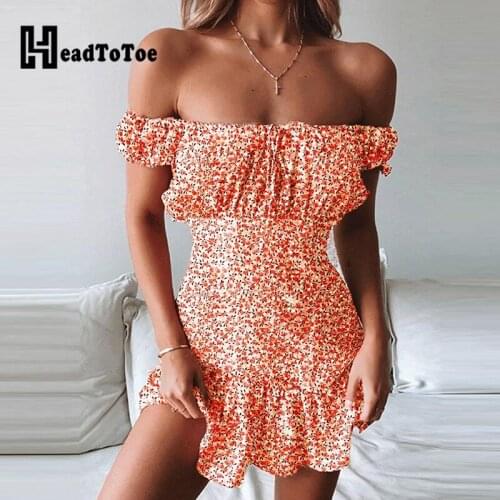 Off Shoulder Ruffles Floral Print Mini Dress Women Short Summer Dress