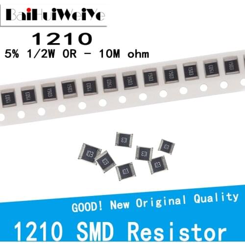 100PCS/LOT 1210 SMD Resistor 0R-10M 1/2W 5% 10 100 220 470 ohm 0R 10R 100R 220R 470R 1K 2.2K 4.7K 1K 10K 47K 100K 470K 1M 10M