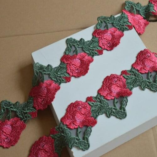 2Yards 8Cm Wide Red Flower Green Leaf Venice Lace Fabric Braided Lace Trim Guipure Laces Ribbon Sewing Trimmings For Clothing