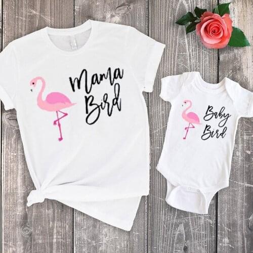 2021 Mommy and Me Shirts Matching Mother Daughter Mama Bird Baby Bird Tshirt Flamingo Tee Set Girls Clothes Family Outfits