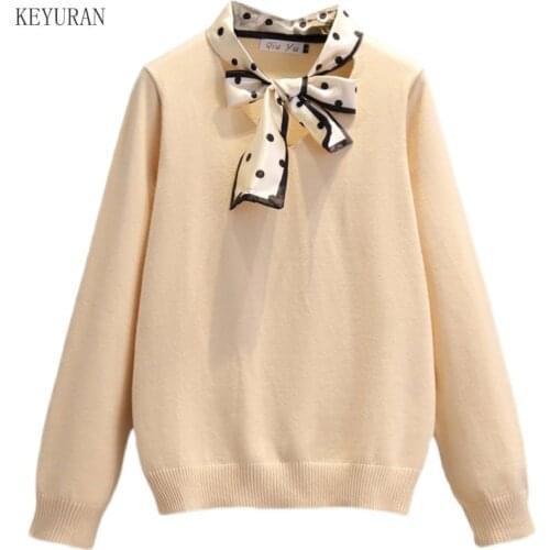2021 Spring Women Sweaters And Pullovers Bow tie Polka Dot Jumper Long Sleeve Casual Plus Size Ladies Knitted Sweater Pull Femme