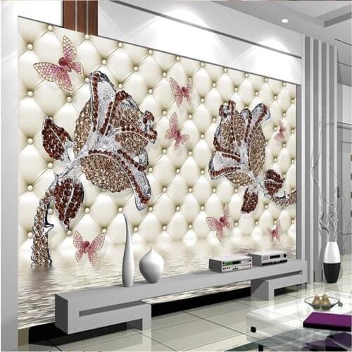 BEIBEHANG Custom wallpaper any size 3D diamonds in roses water reflection in the back of the jewelry wall 3d wallpaper