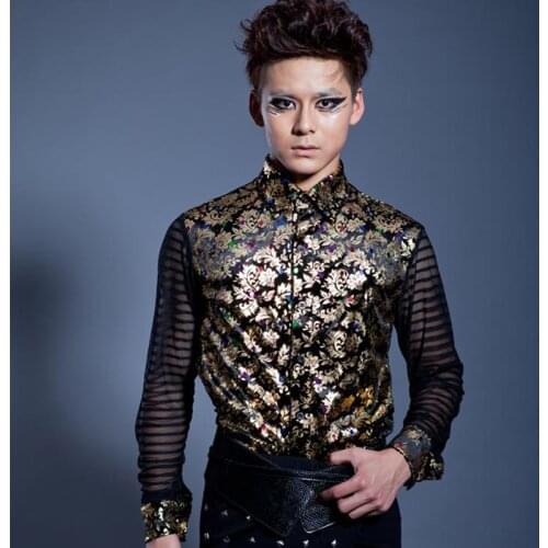 Jazz Dance Costumes Floral Shirt British Slim Long Sleeve Gold Clothing Adults Nightclub Stage Wear Male Singer Clothes DT826