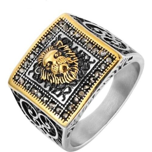 Stainless Steel Gold Lion Head Crystal Ring Best Animal Rings Hip Hop Jewelry Gift For Him Size 8-12