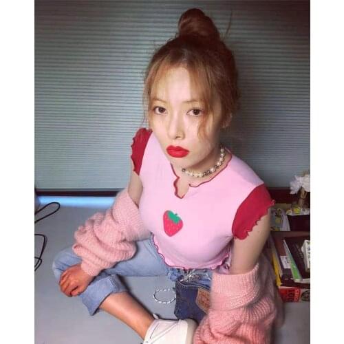 Kim Hyun A Kpop Korean Fashion 4minute Cotton Short Pink Strawberry Pattern Tshirt K-pop T Shirts T-shirt