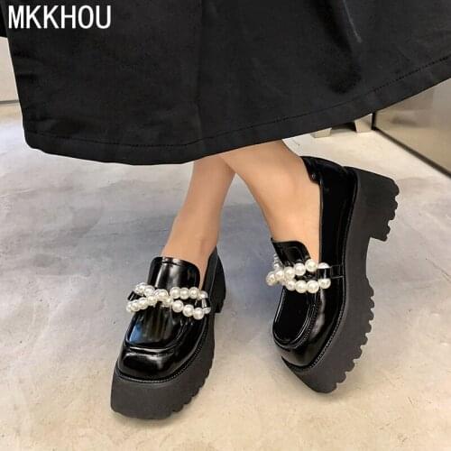 MKKHOU Fashion Loafers Womens New Leather Round Head White Beaded Comfortable Platform Casual Shoes Ladies White Shoes
