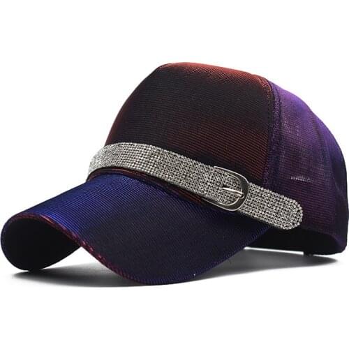 Fashion Rhinestone Baseball Cap For Mens Snapback Hip Hop Hat With Belt Streetwear Purple Green Gradient Sun Protection Sun Cap