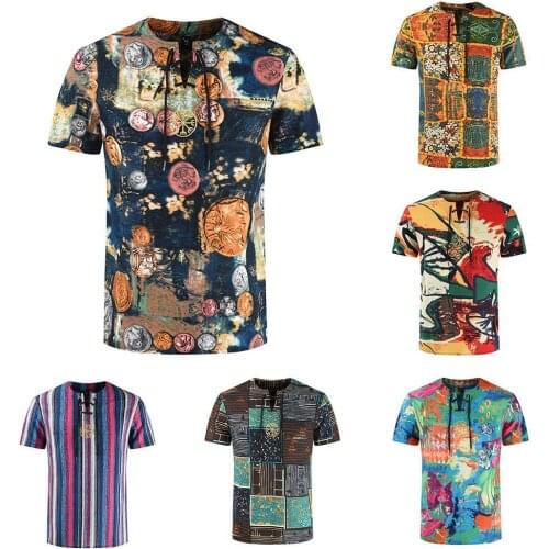 Men Fashion Summer V Neck Short Sleeve Scrawling Print Bandage Shirt T-shirt Top