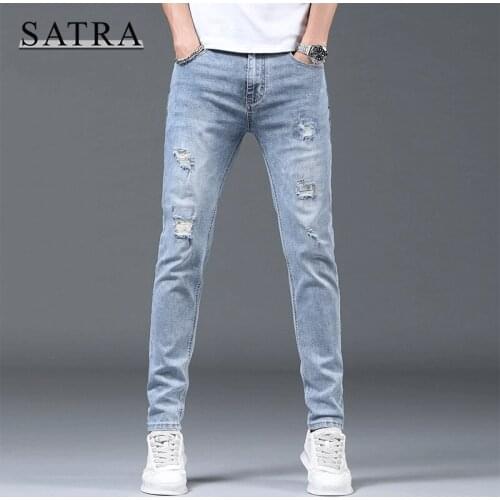 SATRA 2021 Spring New Arrival High Quality Classic Ripped Jeans Men,Mens Fashion Trend Pencil Jeans ,Casual Slim Jeans Men