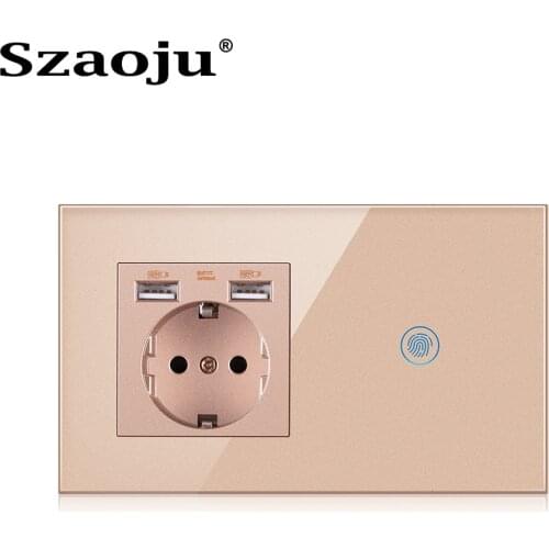 Szaoju Touch Switch Wall Socket 146*86 mm German Standard Crystal Tempered Glass Panel Power Socket With USB Charging AC110-250V