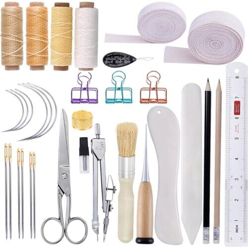 Nonvor 32Pcs Leather Craft Bookbinding Kit Starter Tools Handmade Set with Bone Folder Creaser Ruler Needles Waxed Thread DIY