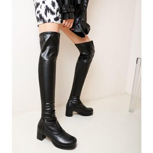 2021 New Fashion Thick Heels Round Toe Long Boots Women black Patent Leather Knee High Botas Mujer Winter Warm Party Boots Woman