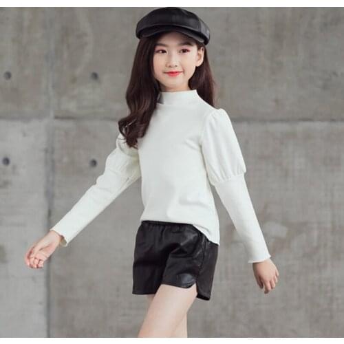New Fashion Kids Puff Sleeve T-shirts Spring 2021 Teenage Bottom Tops Adult Cotton Solid Color Clothes Fall Girls White Shirts
