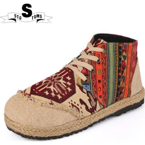 2016 autumn women ethnic style high top fashion breathable linen skateboarding shoes twm0019