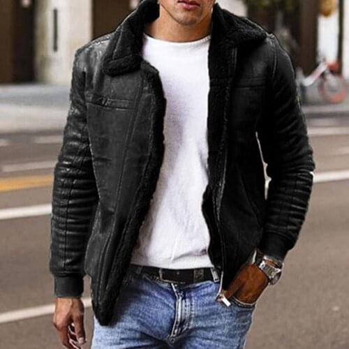 Autumn Winter Men Turn Down Collar Long Sleeve Suede Warm Coat Motorcycle Jacket Faux Leather