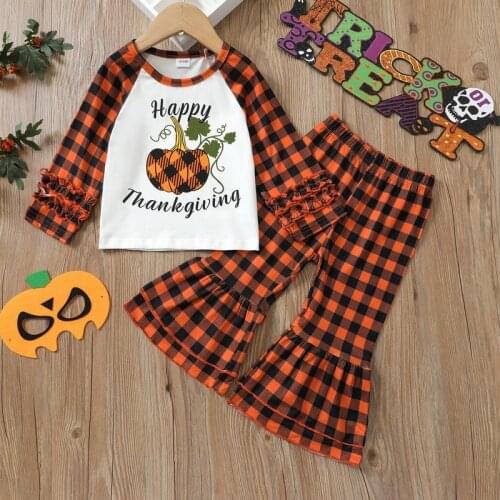Autumn Winter Long Sleeve Halloween Costume Letter Pumpkin Plaid T-Shirt + Flare Pants Girls' Sets Children Kids Clothes
