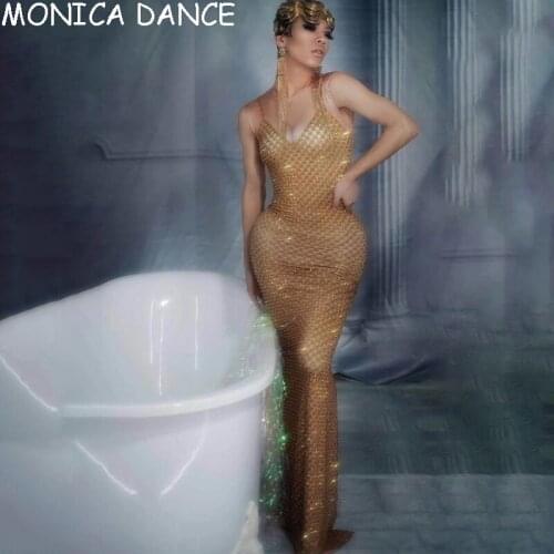 Sexy Sparkly Gold Rhinestone Long Dress for Women Party Birthday Sleeveless Nightclub Stage Costumes Wedding Designer Bar Dress