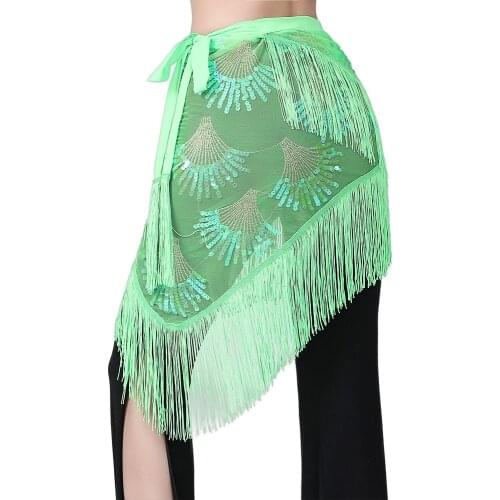 Women Belly Dance Hip Scarf Sequins Mesh Triangle Wrap Skirt Waist Chain Shiny Embroidery Filigree Fringe Hem Dance SKirt