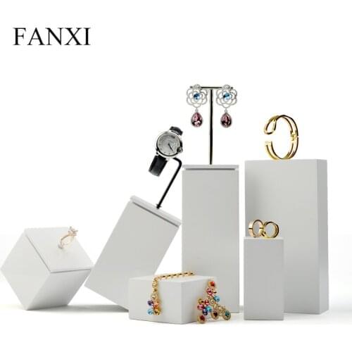 FANXI PU Leather Jewelry Display Tray with Solid Wood Champagne Ring Necklace Bangle Earring Display Stand Organizer Showcase