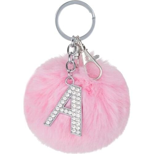 TEH Fluffy Multicolor Pompom Faux Rabbit Fur Ball Keychains Crystal Letters Key Rings Trendy Jewelry Bag Accessories Gift