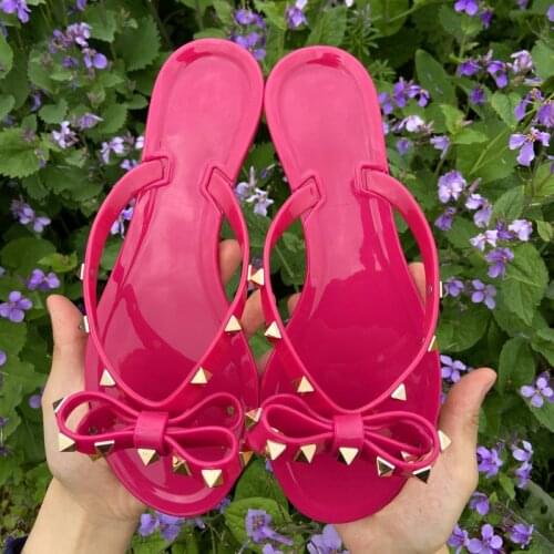 Rivets Bowknot Sandals Summer Woman Beach Flip Flops Jelly Shoes Slides Girls Sandals Slip on Flat Women Studs Slippers dropship